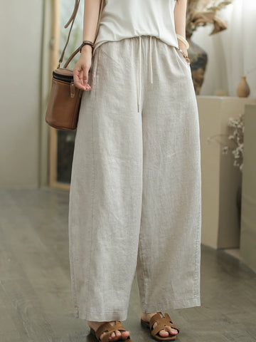 Spring Retro Linen Casual Versatile Elastic Waist Loose Pants