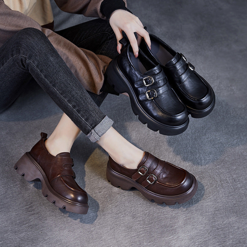 Babakud Women Spring Retro Chunky Loafers with Belt Buckle Design