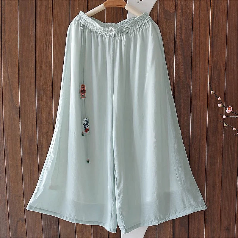 Summer Retro Linen Breathable Elastic Waist Tassel Pants
