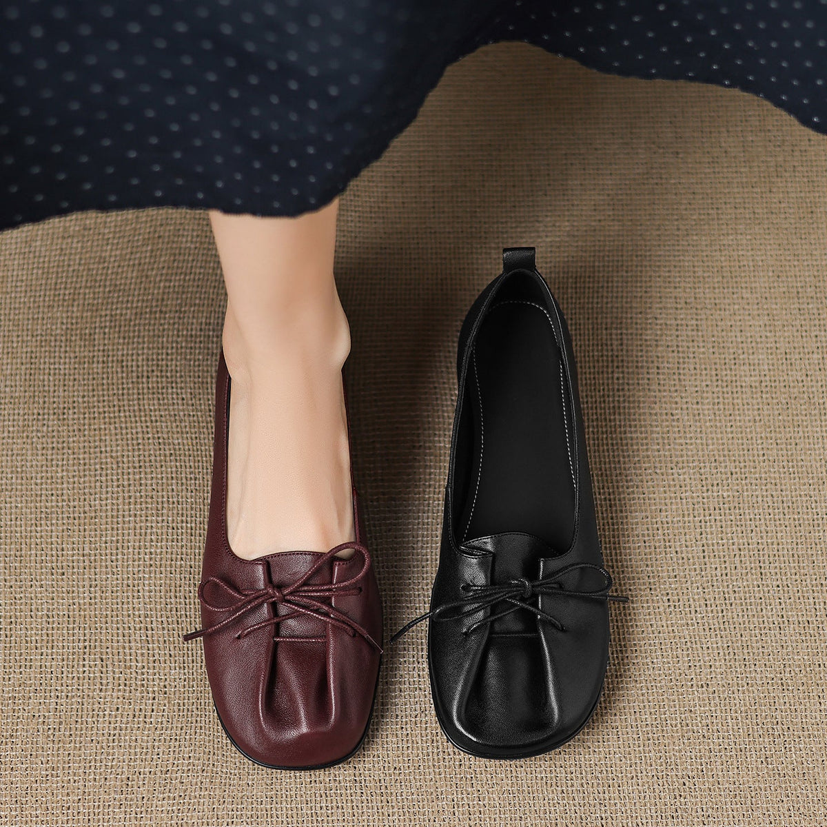 Retro Sheepskin Leather Round Toe Shallow Flat Shoes