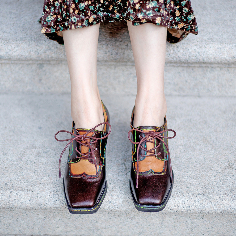 Vintage Ethnic Style Brown Chunky Heel Leather Shoes