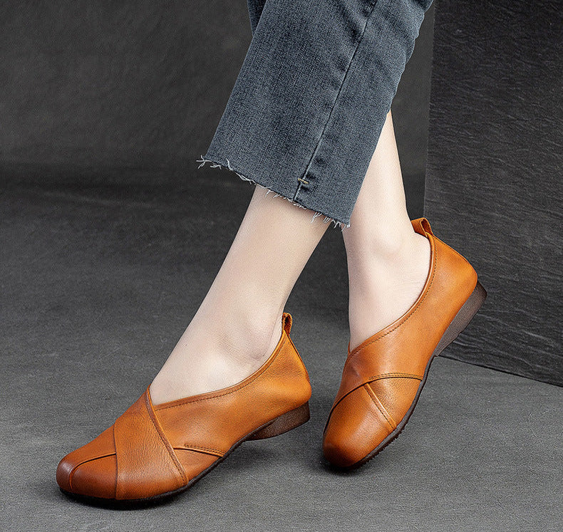 Vintage Cross-Strap Low-Cut Distressed Flat Leather Slip-Ons