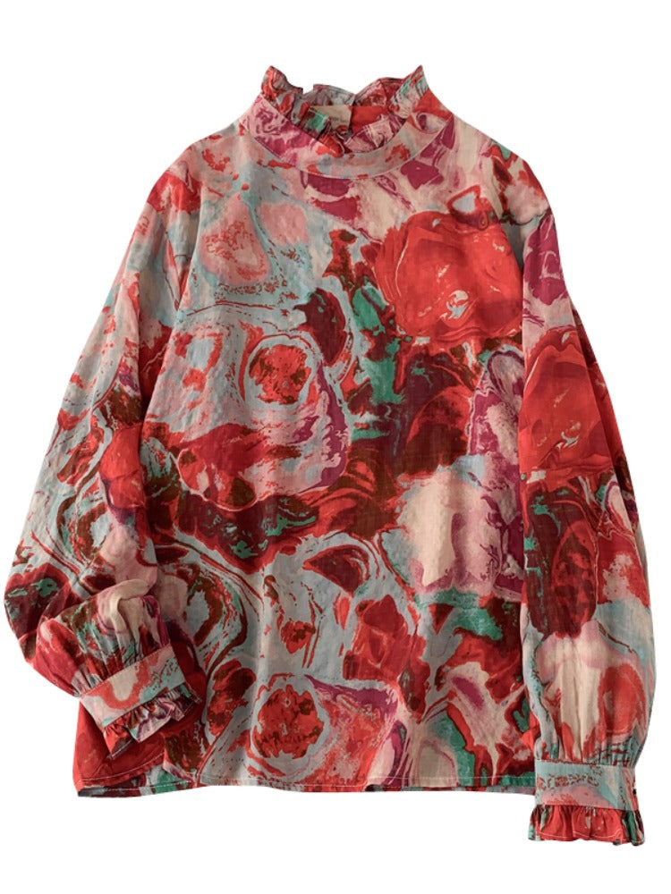 Women Spring Retro Ramie Printed Ruffled Collar Casual Blouse