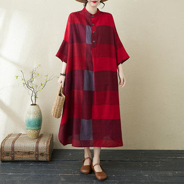 Women Spring Retro Loose Printed Buttoned Plus Size Dress