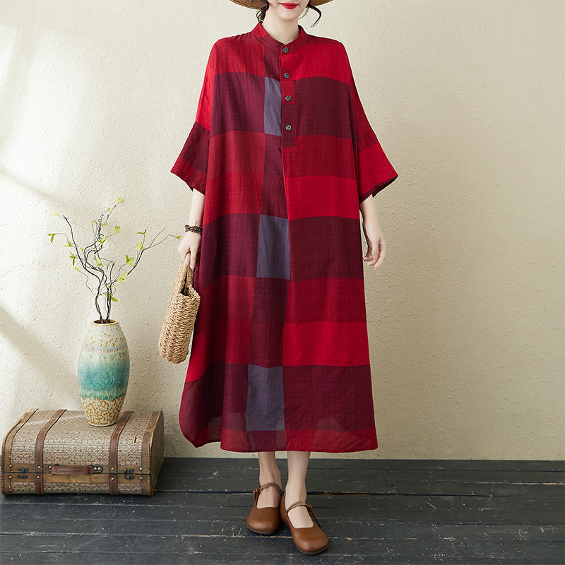 Women Spring Retro Loose Printed Buttoned Plus Size Dress