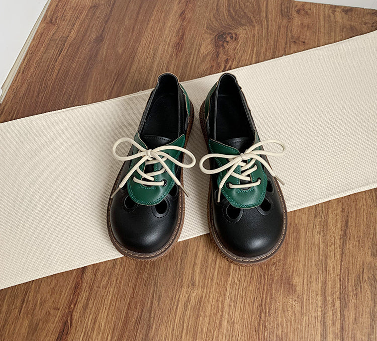 Women's Lace-Up Contrast Color Hollow Leather Casual Shoes