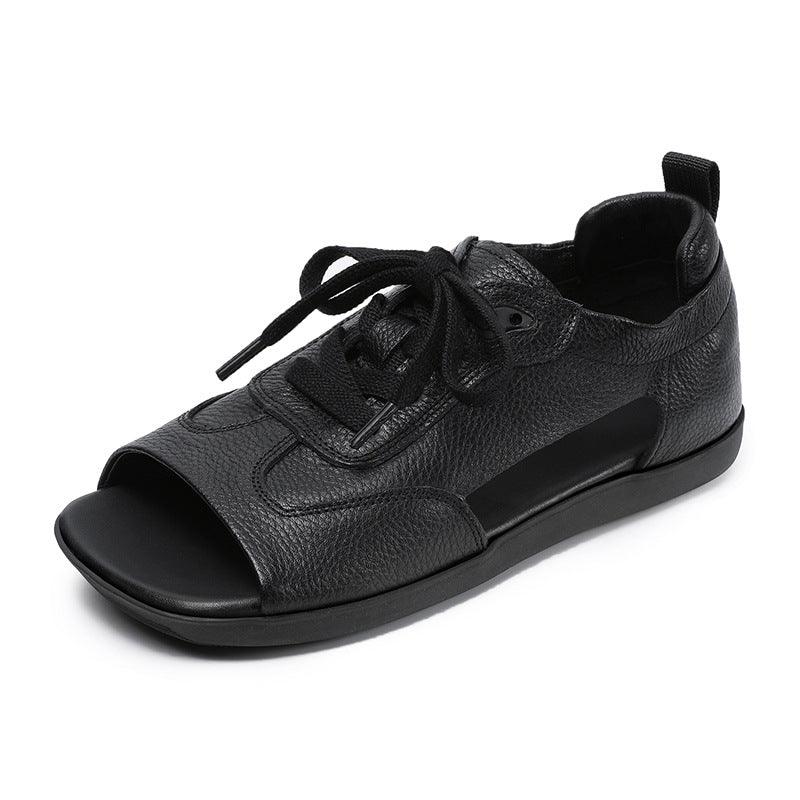 Summer Retro Leather Open Toe Soft Flat Sole Lace-Up Sandals