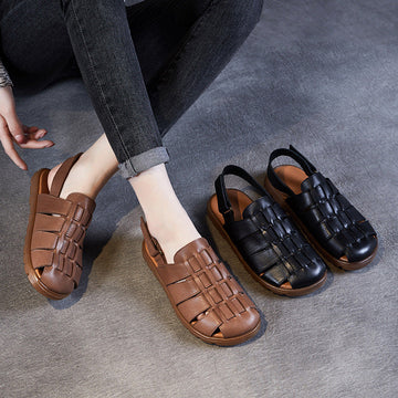 Summer Retro Leather Woven Closed Toe Cut-Out Soft Sole Flats