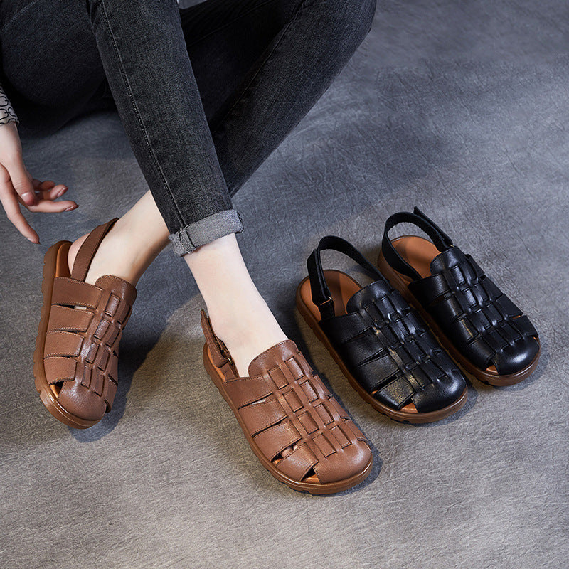 Summer Retro Leather Woven Closed Toe Cut-Out Soft Sole Flats