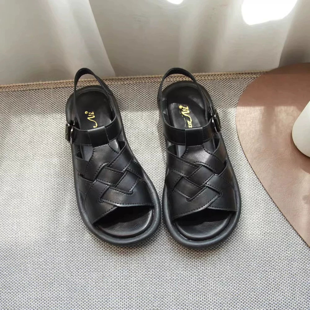 Summer Top Leather Woven Open Toe Soft Sole Sandals