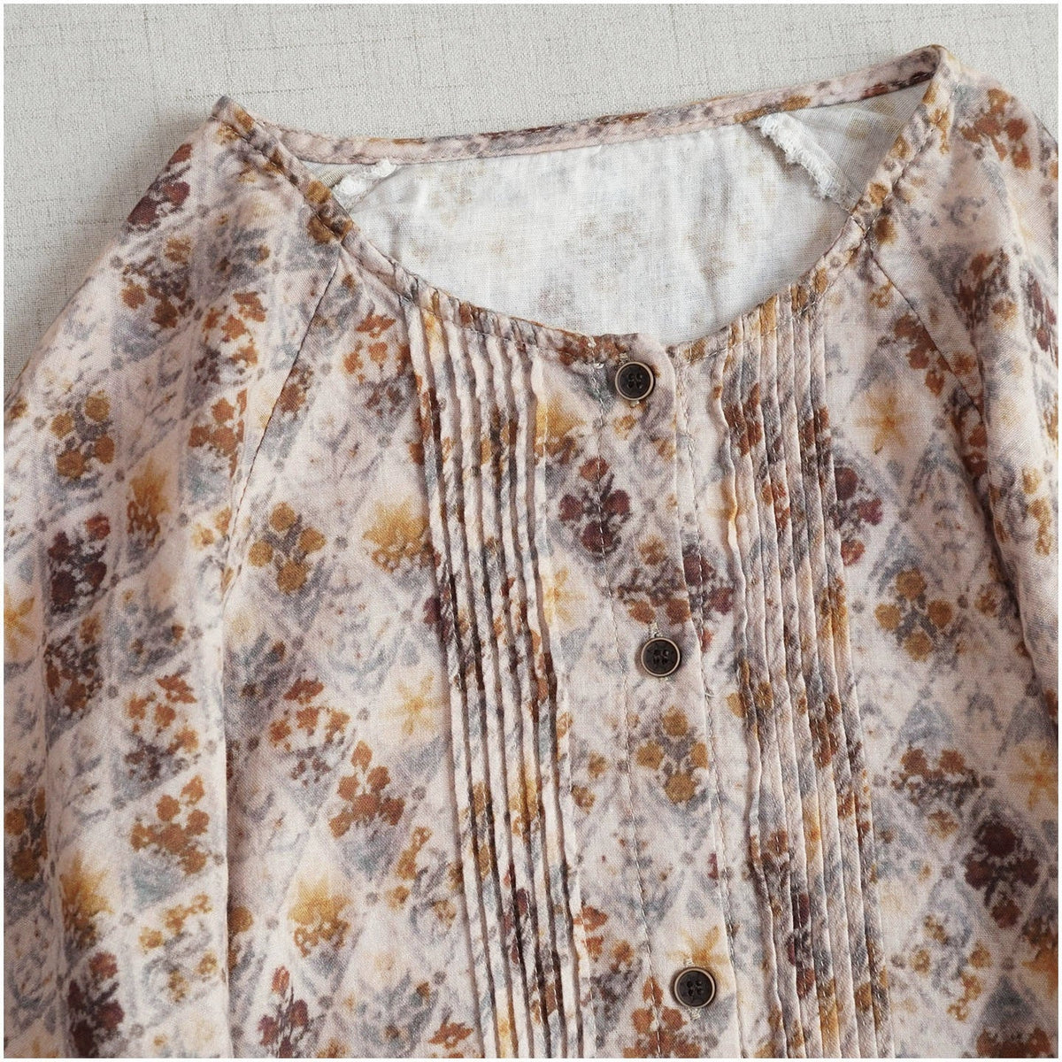 Retro Cotton Floral Printed Round Neck Single Breasted Shirt