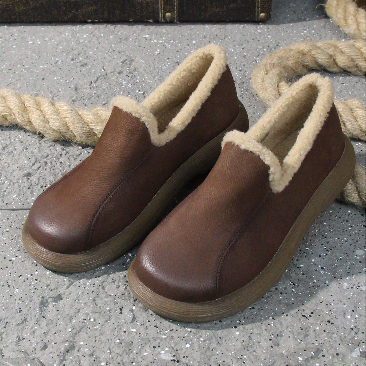 Retro Top Leather Round Toe Warm Fleece-In Soft Shoes