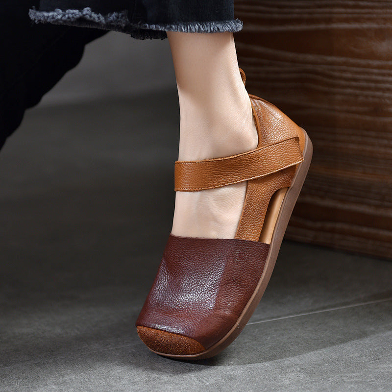 Vintage Leather Closed Toe Patchwork Soft Flat Sole Sandals