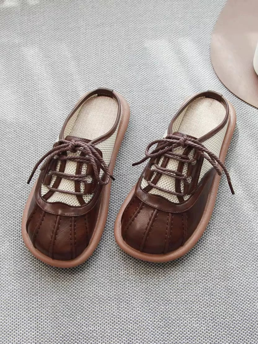 Summer Casual Leather Mesh Patchwork Slip-On Flat Shoes