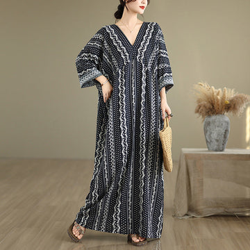 Women Autumn Linen Cotton V-Neck Striped Loose Dress
