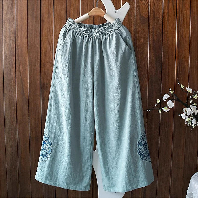 Women Autumn Linen Loose Embroidered Comfortable Pants