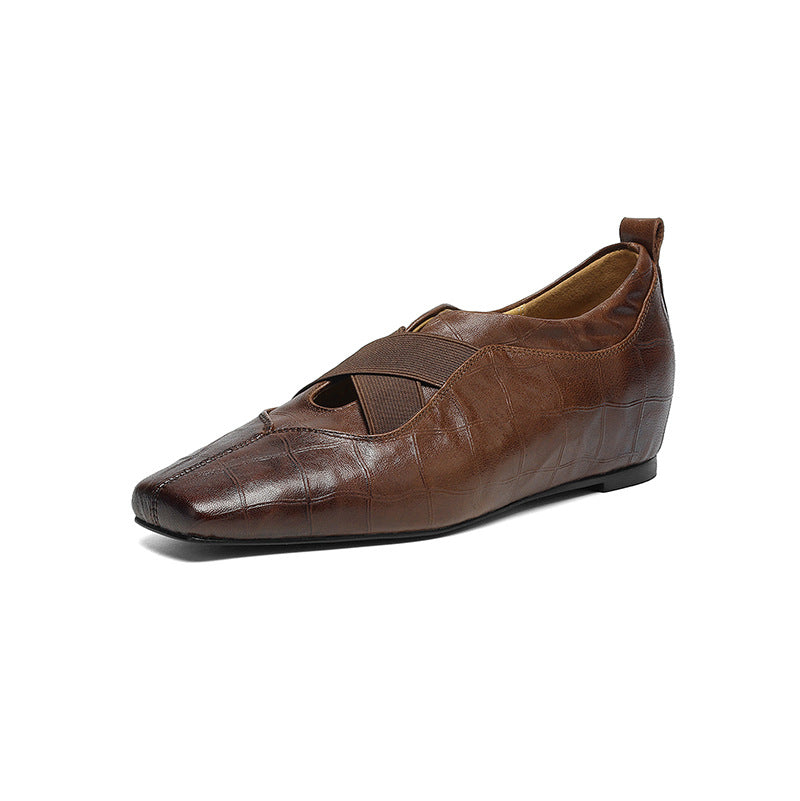 Retro Sheepskin Leather Square Toe Crossing Straped Shoes