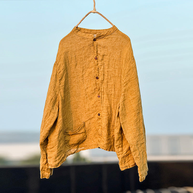 Women Autumn Linen Washed Stand Collar Loose Shirt