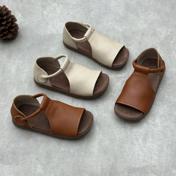 Vintage Soft Leather Peep Toe Sandals Comfortable Summer Flats