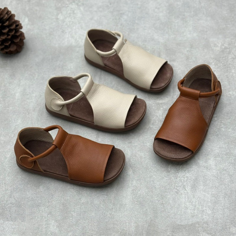 Vintage Soft Leather Peep Toe Sandals Comfortable Summer Flats
