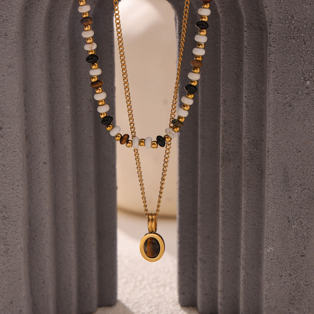 Layered Beaded Necklace Tiger Eye Pendant Titanium Choker Chain