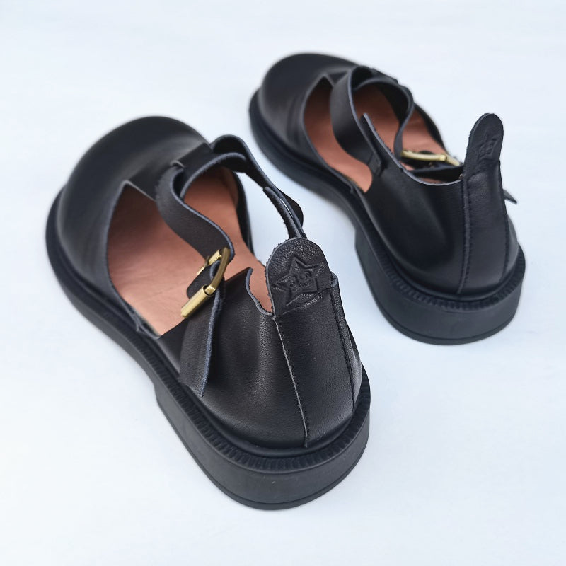 Babakud Women Spring Retro Leather Handmade Flats Chunky Shoes