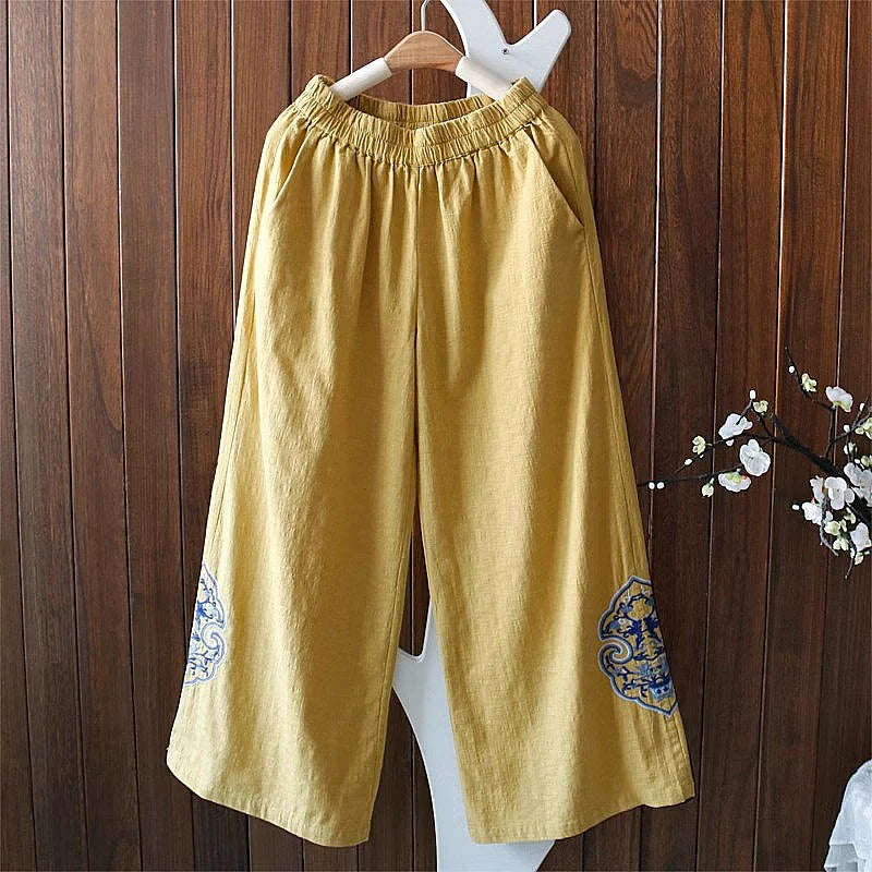 Women Autumn Linen Loose Embroidered Comfortable Pants