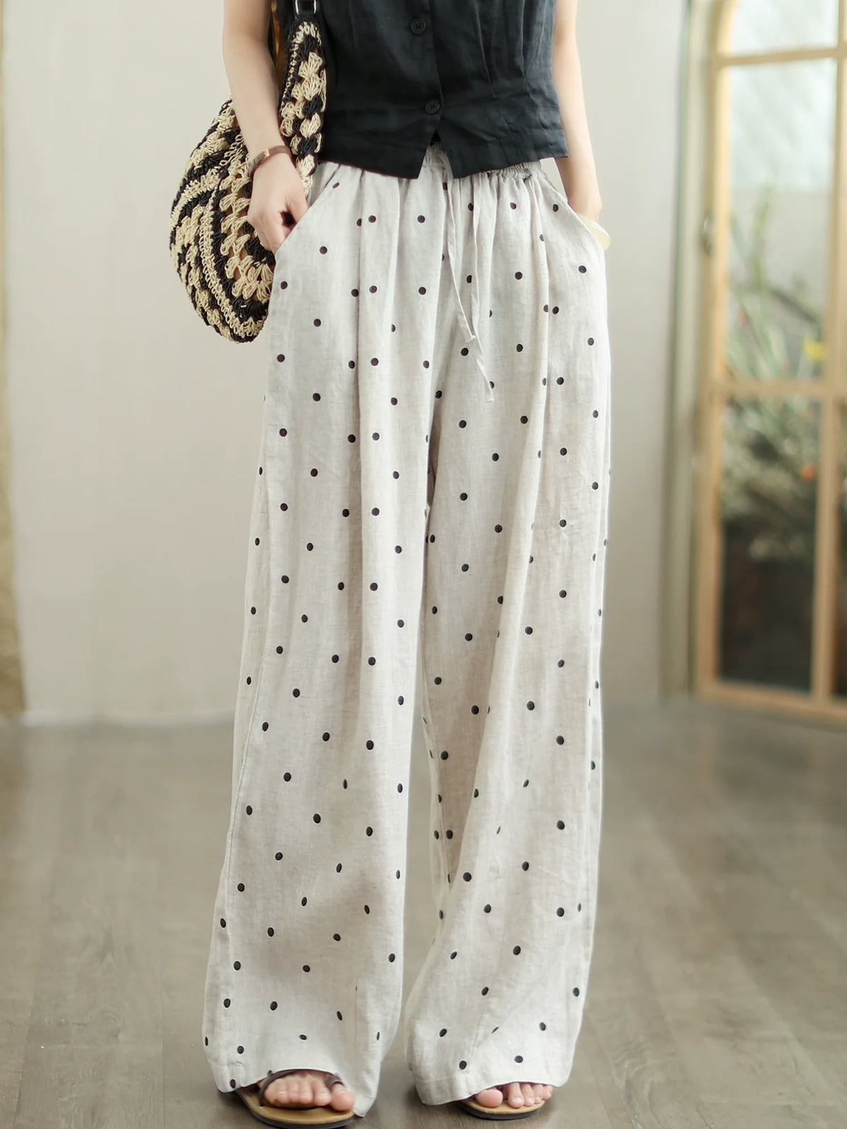 Babakud Women Fashionable Linen Polka Dots Versatile Pants