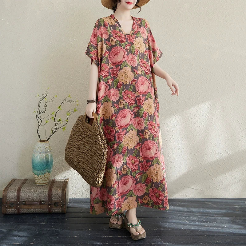 Women Summer Ethnic Cotton-Linen Printed Floral Long Dress