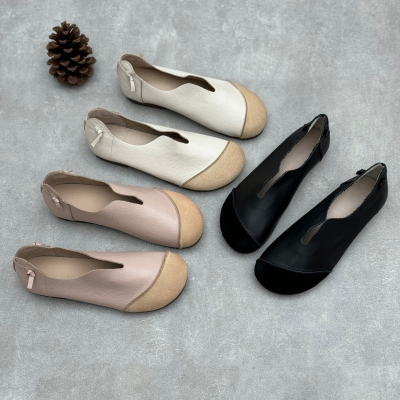 Ladies Retro Contrast Low Heeled Soft Leather Slip-On Shoes