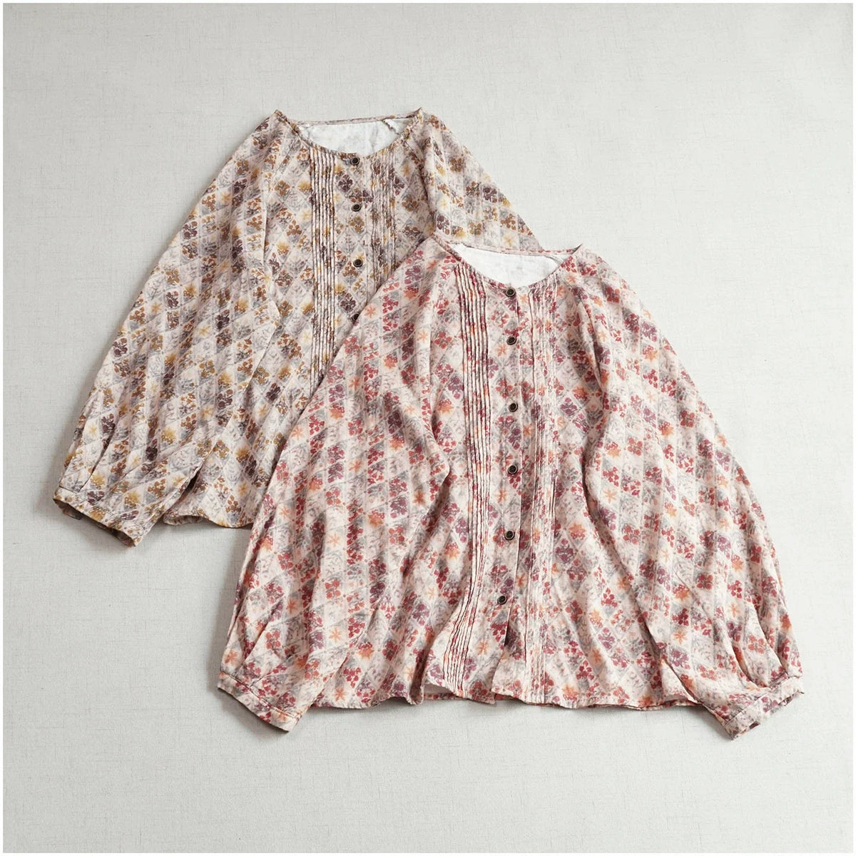 Retro Cotton Floral Printed Round Neck Single Breasted Shirt