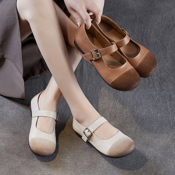 Elegant Genuine Leather Sueded Patchwork One Straped Flats
