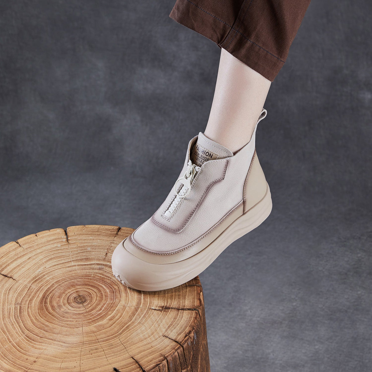 Women Autumn Leather Casual Platform Front Zipper Shoes