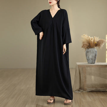 Women Autumn Cotton Causal V-Neck Plus Size Dress
