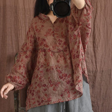Ladies Vintage Floral Printed Lightweight Loose Ramie Blouses