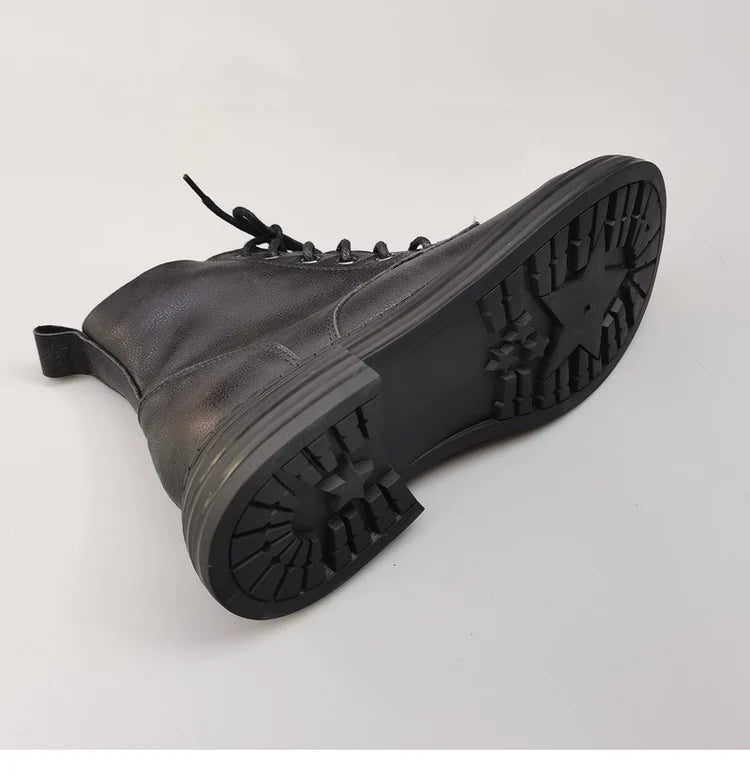 Babakud Women Top Leather Wide Round Toe Lace Up Boots