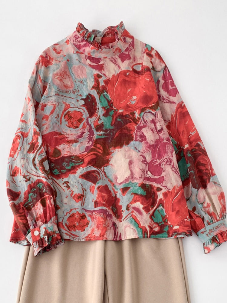 Women Spring Retro Ramie Printed Ruffled Collar Casual Blouse