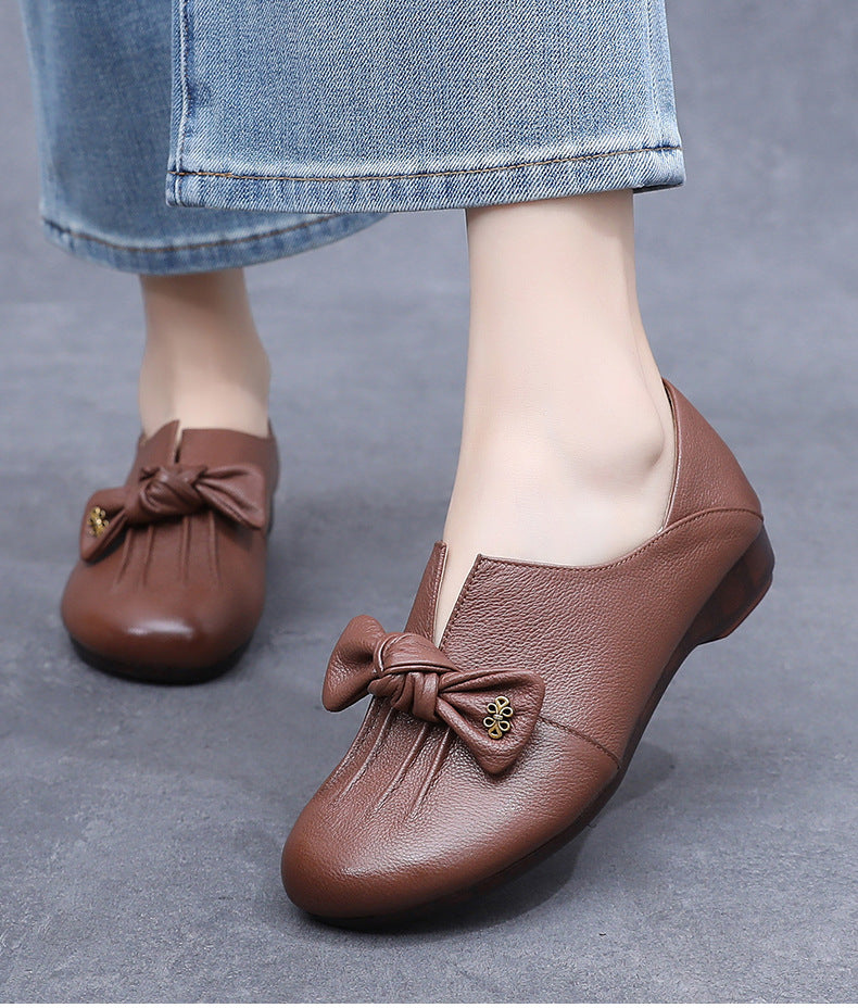 Spring Bowknot Soft-Soled Slip-On Shoes in Black and Brown