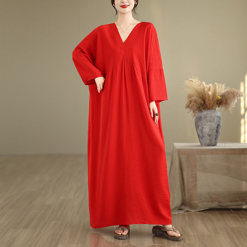 Women Autumn Cotton Causal V-Neck Plus Size Dress