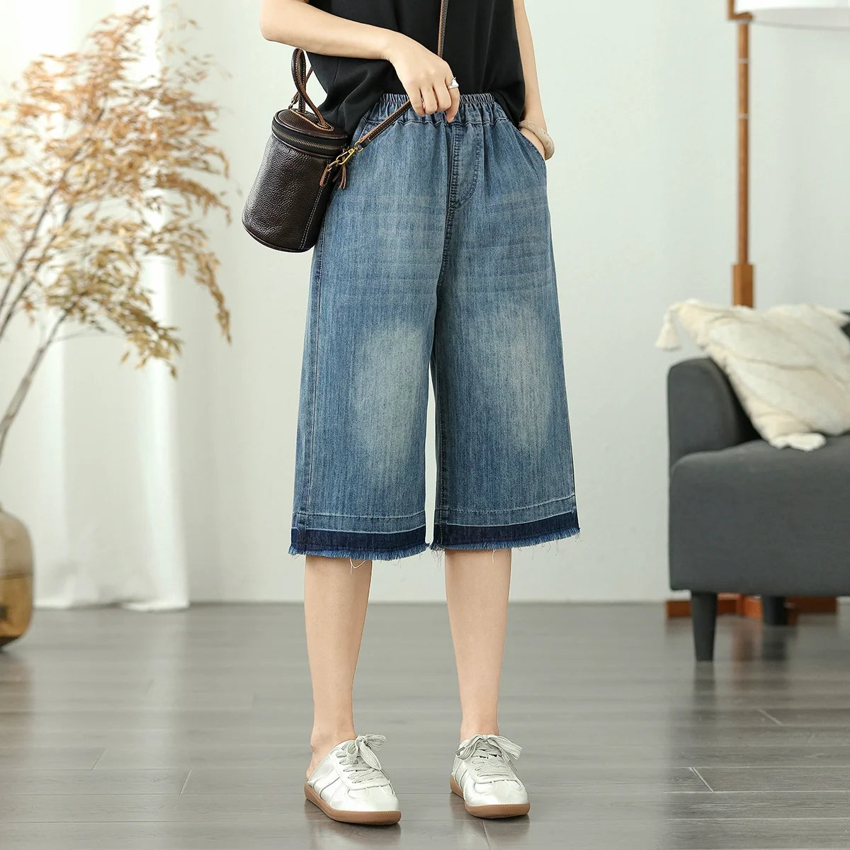 Summer Fashionable Denim Loose Elastic Waist Cropped Pants Jeans