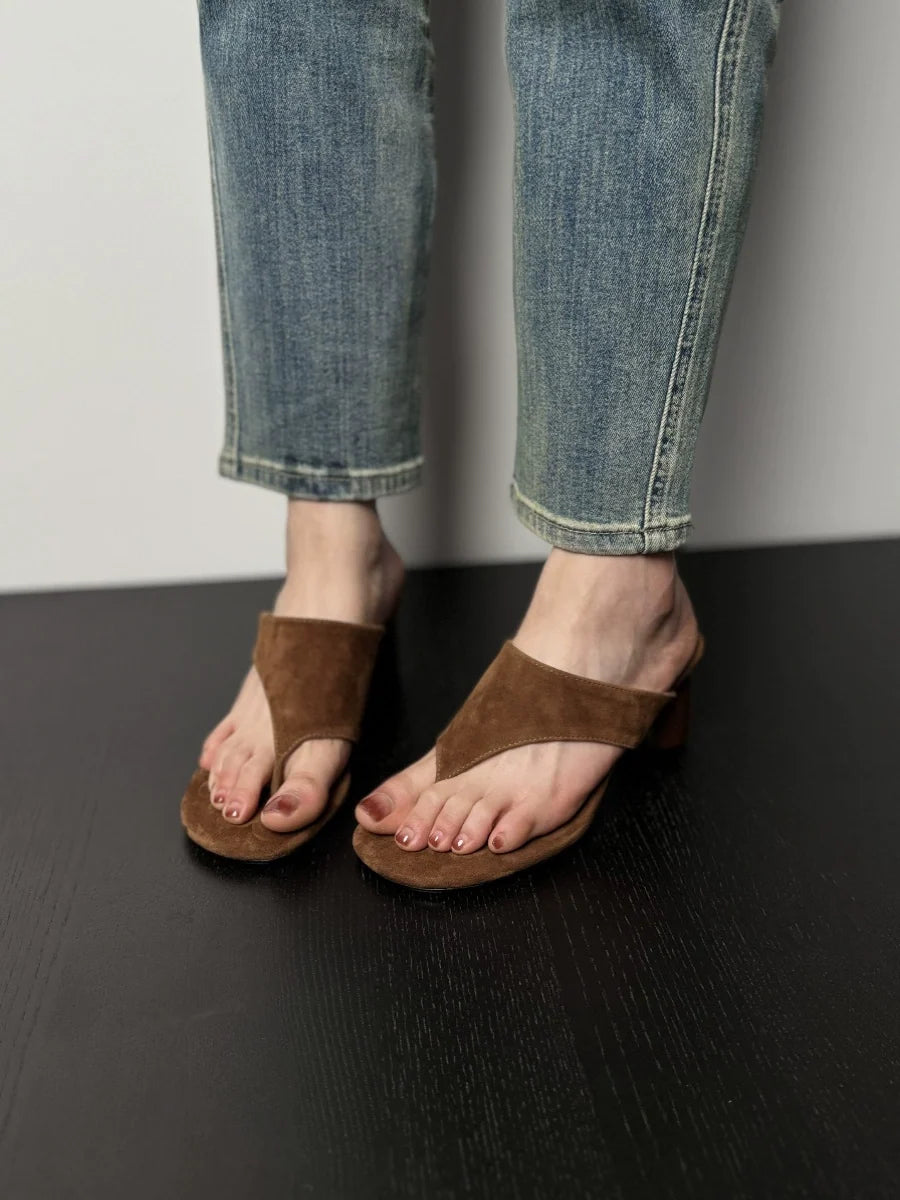 Summer Sheepskin Leather Sueded Chunky Flip-Flops Shoes