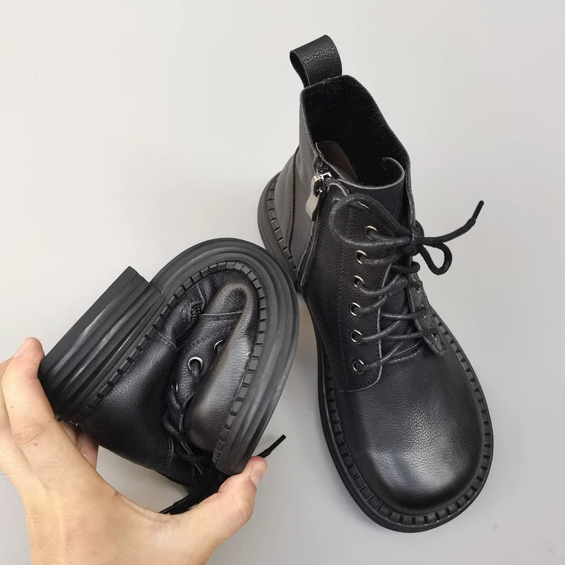 Babakud Women Top Leather Wide Round Toe Lace Up Boots