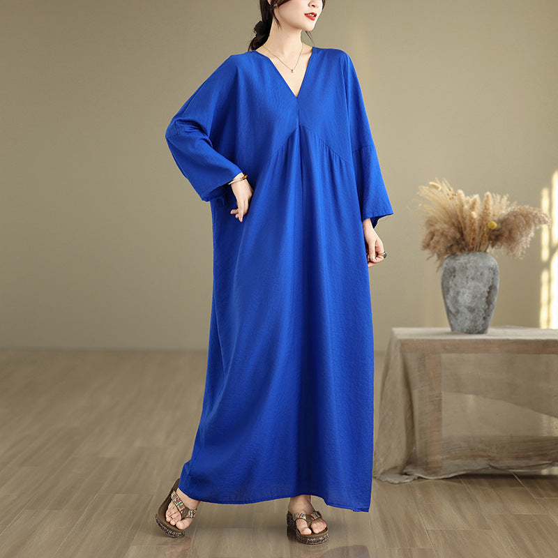 Women Autumn Cotton Causal V-Neck Plus Size Dress