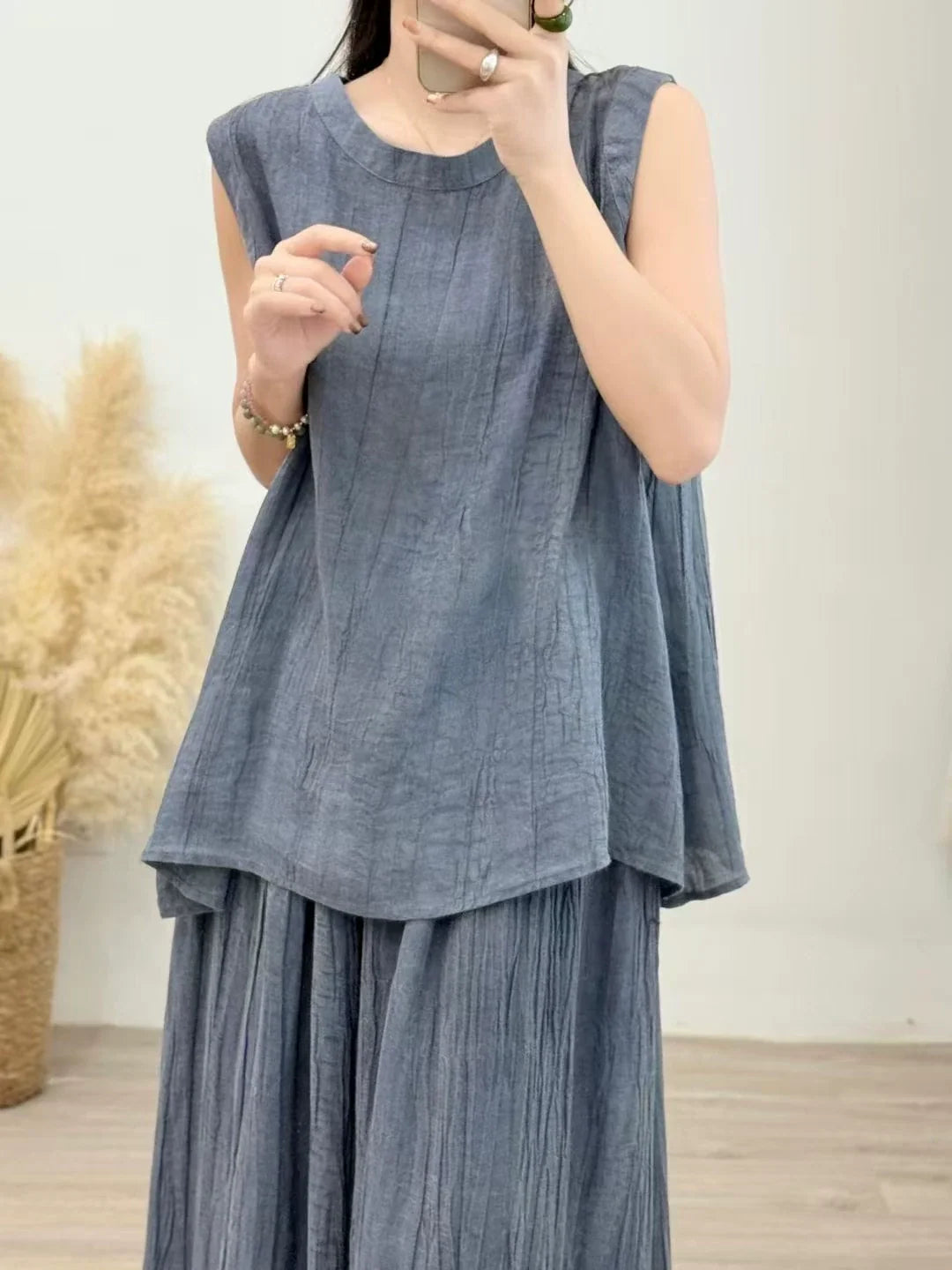 Summer Ramie Casual Round Neck Sleeveless Loose Tank Top
