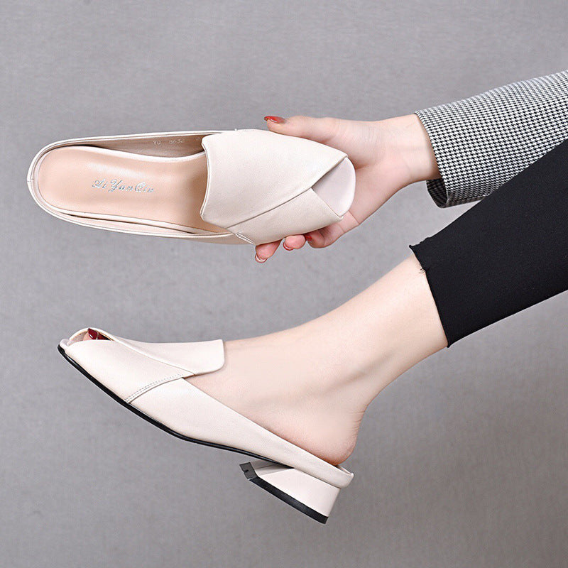 Summer Peep Toe Leather Mules for Women Closed Toe Flats