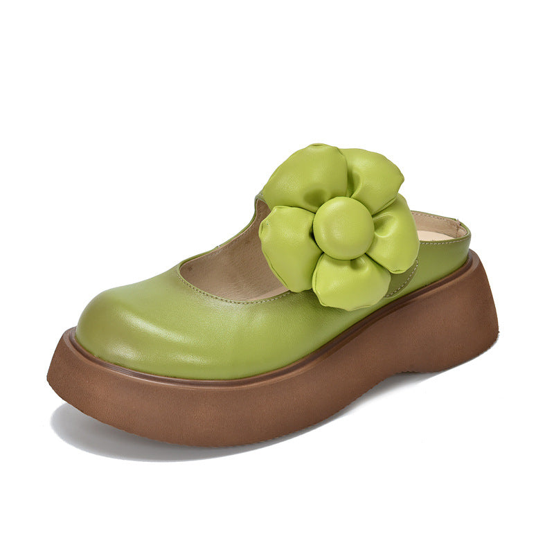 Summer Leather Closed Toe Soft Thick Sole Removable Floral Slippers