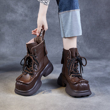 Ladies Stylish Square Toe Platform Lace-Up Leather Martin Boots