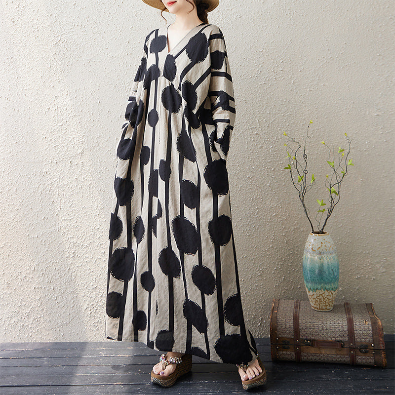 Autumn Linen V-Neck Long Sleeves Printed Dress With Pocket