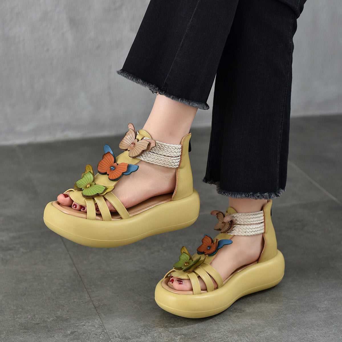 Babakud Retro Leather Platform Butterflies Floral Woveb Strap Sandals