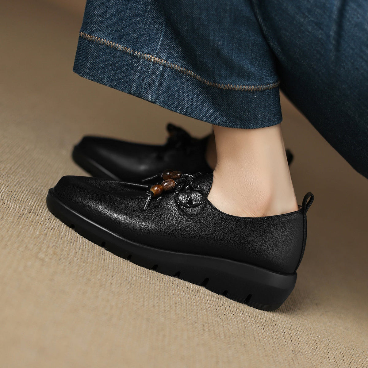 Sheepskin Leather Round Toe Lace-Up Shallow Loafer Shoes
